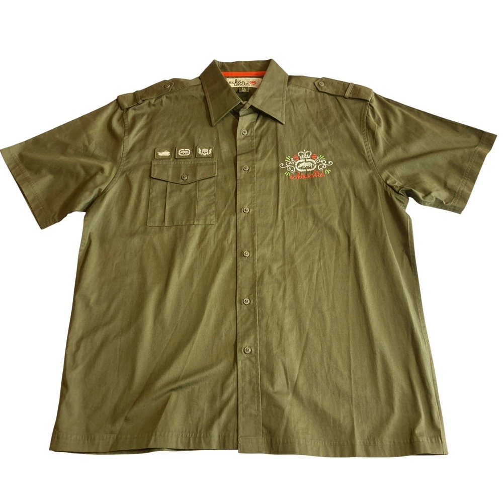Ecko Unltd Mens XL Olive Green Military S/S Button Down Embroidered Rhino Shirt